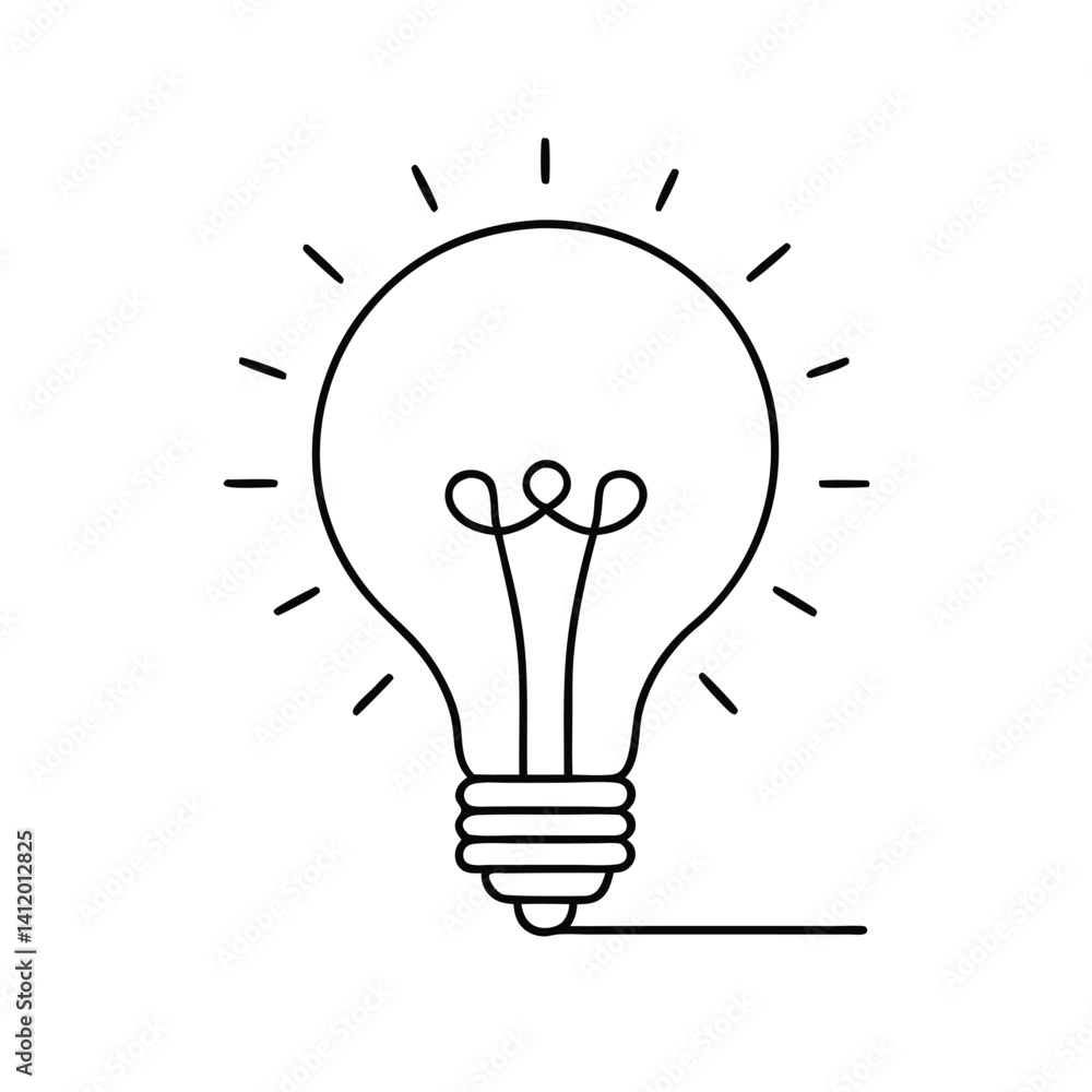 A minimalistic line art of a glowing light bulb, showing simple electrical connections. Isolated on a white background A minimalistic line art of a glowing light bulb, showing simple electrical connections. Isolated on a white background