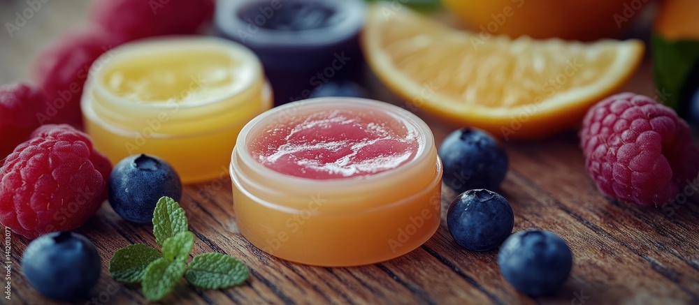Assorted fruit lip balms on wooden table Assorted fruit lip balms on wooden table