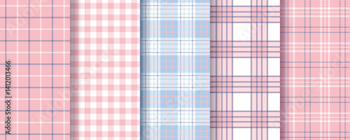 Plaid seamless pattern. Check background. Tartan shirt cloth. Set gingham fabric print. Flannel pink blue textures. Lumberjack tablecloth. Geometric backdrops. Abstract textile. Vector illustration