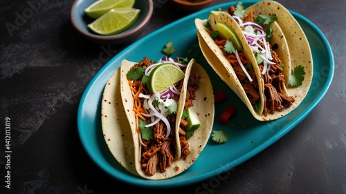 Wallpaper Mural Four delicious tacos on a turquoise plate. Filled with meat onion cilantro, served with lime wedge. Mexican cuisine, perfect for lunch, dinner. Torontodigital.ca
