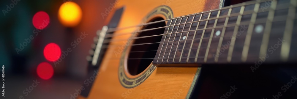 Close-up acoustic guitar, musical notes bokeh, abstract, detail Close-up acoustic guitar, musical notes bokeh, abstract, detail