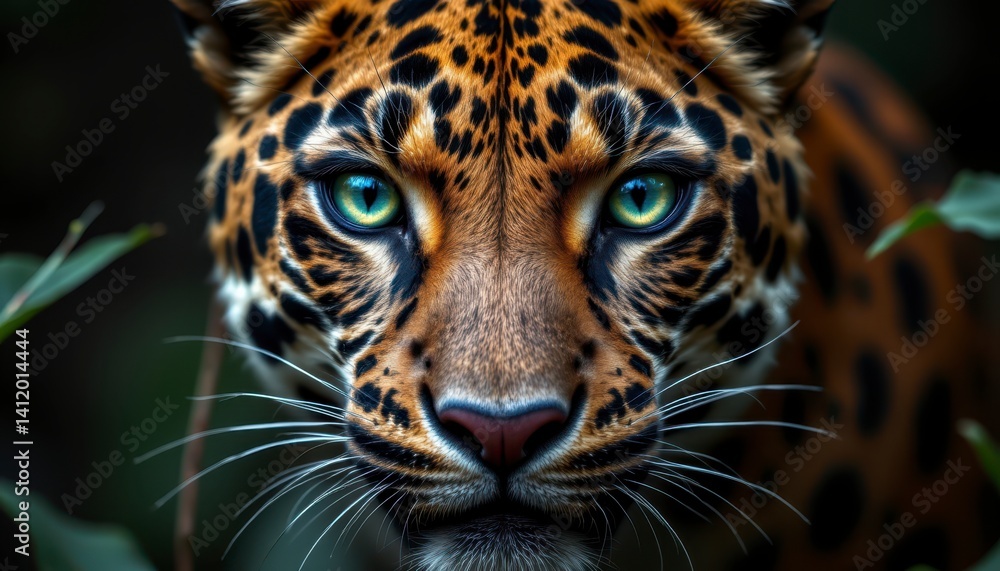 Obraz premium Majestic close-up of a wild leopard showcasing its striking fur pattern and intense gaze in a lush green rainforest setting