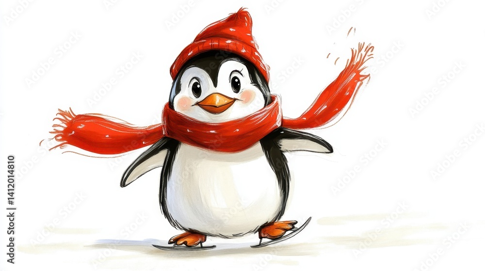 Fototapeta premium Adorable penguin wearing a red hat and scarf ice skating on white background
