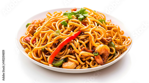 Authentic Asian cuisine concept with bami goreng noodles on isolated white background for culinary designs
