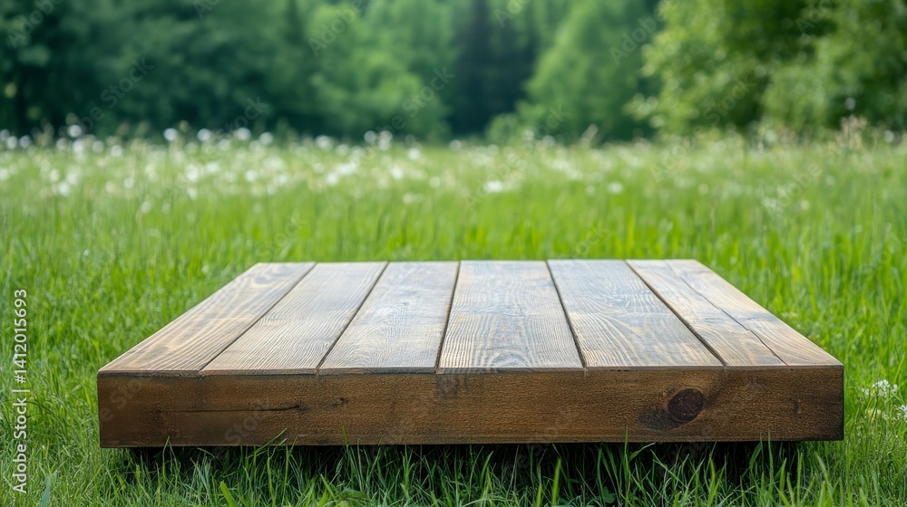 Fototapeta premium Wooden Platform on Grass Surrounded by Lush Green Nature Scene