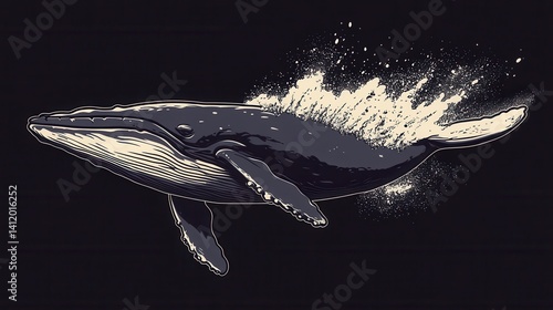 Pixel art whale swimming, dark background, cream colored water spray.