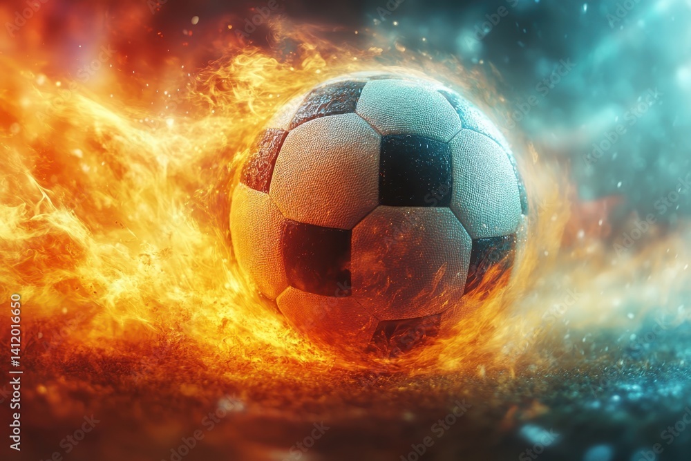 Fototapeta premium A dynamic soccer ball engulfed in flames and surrounded by cool mist for a stunning visual effect