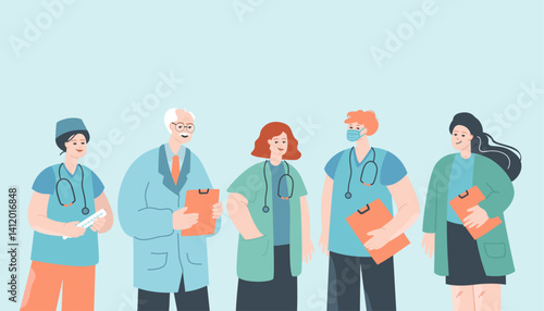 Diverse Medical Team Illustration, Flat vector illustration of a diverse group of healthcare professionals in uniforms, smiling and holding clipboards, symbolizing teamwork and collaboration.