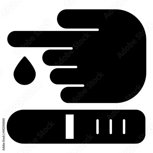 Glucose test strip with hand solid icon, medical test concept. Vector graphics. Finger drop with sample stick sign on white background, glyph style mobile or design.