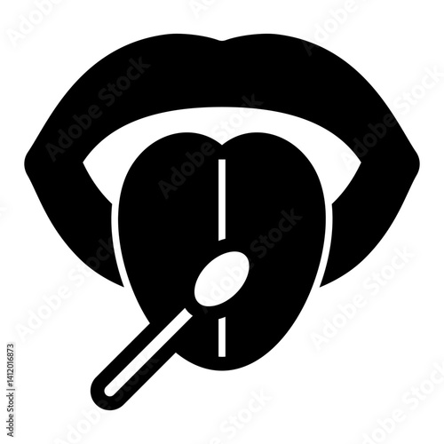 Woman tongue with sample wand solid icon, genetic research concept. Vector graphics. DNA test swab, stick sign on white background, glyph style mobile or design.