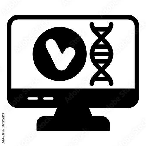 Monitor screen with genome approval solid icon, genetic research concept. Vector graphics. Display DNA chain test sign on white background, glyph style mobile or design.