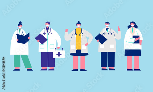 Modern Hospital Staff Vector Design, Stylized group of medical professionals with stethoscopes and clipboards, suggesting a collaborative hospital environment and modern healthcare approach.
