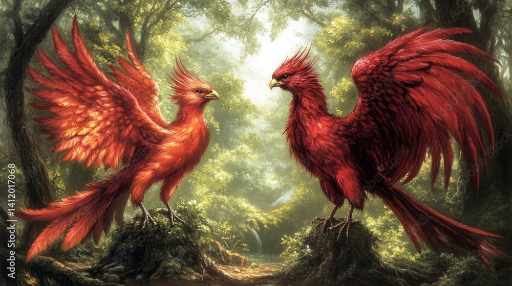 Fototapeta premium Two majestic red phoenix birds face each other in a lush green forest, sunlight filtering through the leaves.