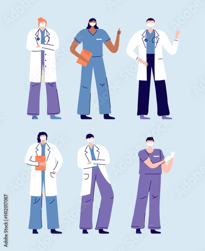 Flat Vector Doctors and Nurses Group, Medical team in flat vector style with clean design and vibrant colors, ideal for healthcare topics, team concepts, or hospital promotions.