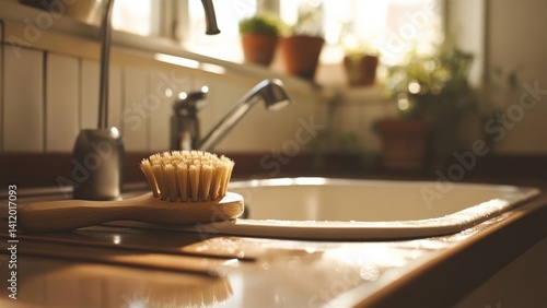 Natural Cleaning Brush on Kitchen Counter with Sunlight