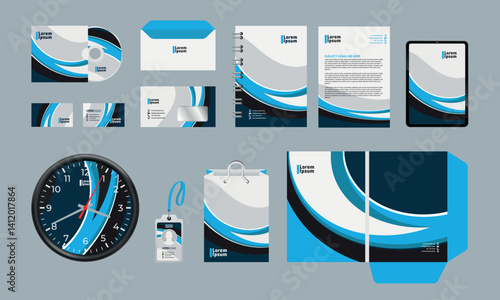 Stationery template design with blue and green geometric elements. Documentation for business.