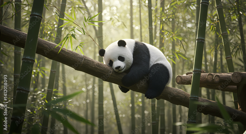 Obraz premium Sleepy Panda Resting on Bamboo Branch in a Lush Forest