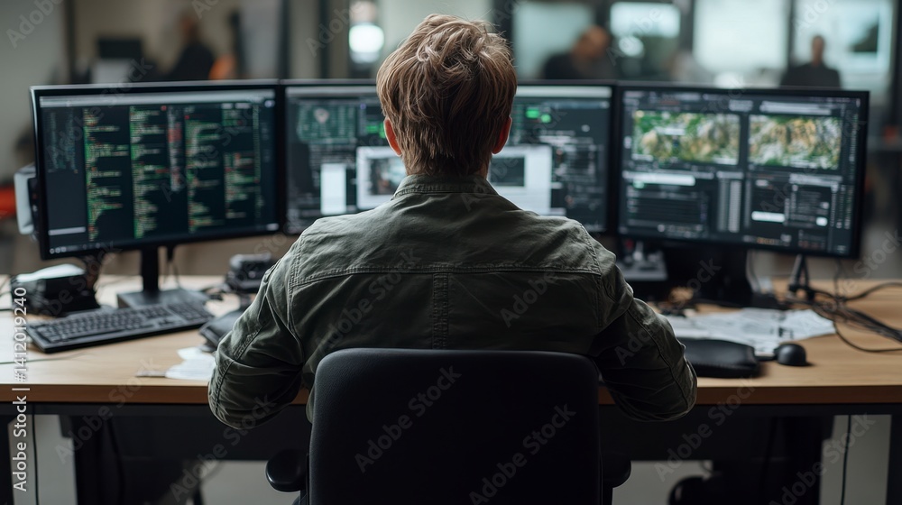 Man sits at desk, back to camera, focused on three monitors displaying complex data. Neutral color scheme, office setting. Man sits at desk, back to camera, focused on three monitors displaying complex data. Neutral color scheme, office setting.