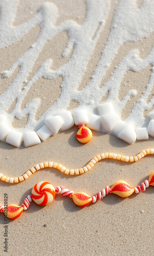 Naklejka premium Candy decorations lay on a tan sandy surface accented by white sugary foam creating a whimsical sweet scene.