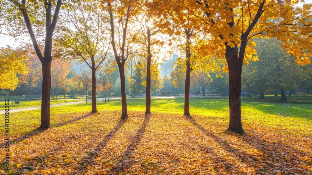 Fototapeta premium Sunlit garden trees in golden morning light, a dreamy natural backdrop with soft bokeh 