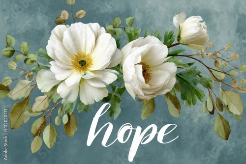 Beautiful Floral Arrangement with Hope Text on Soft Blue Background for Motivational Design