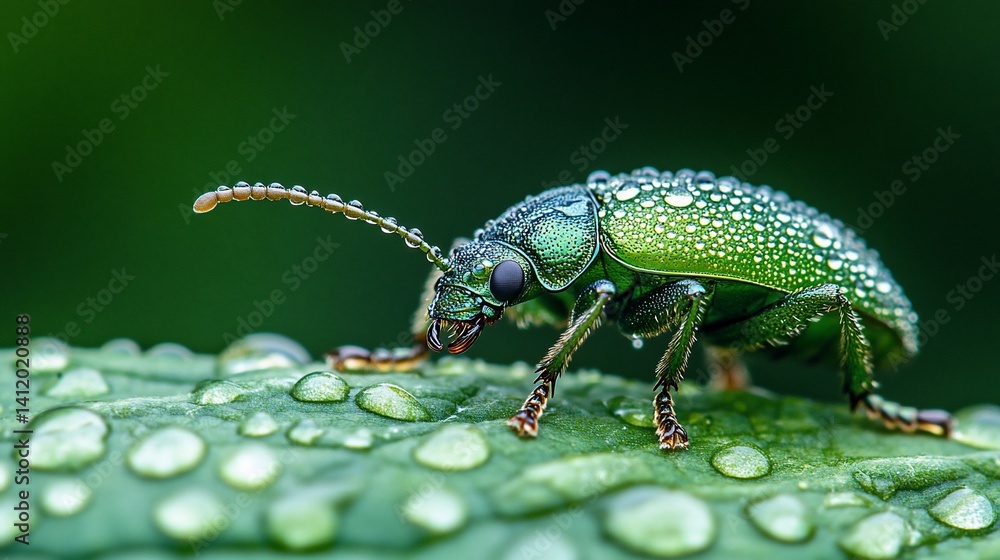 Naklejka premium Green beetle on dew-covered leaf in garden