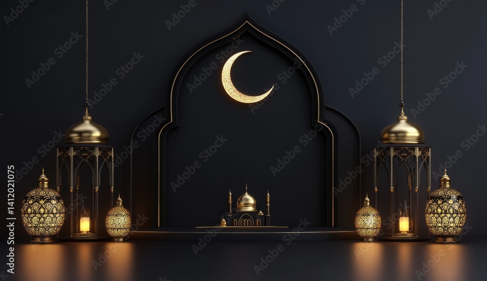 Obraz premium Dark, elegant, Islamic Ramadan display with lanterns, crescent moon, and mosque