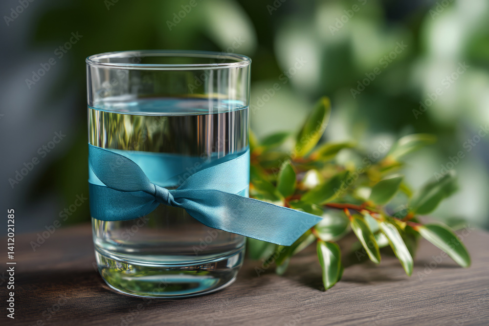 Elegant Glass of Water with Blue Ribbon on Wooden Table Surrounded by Lush Greenery