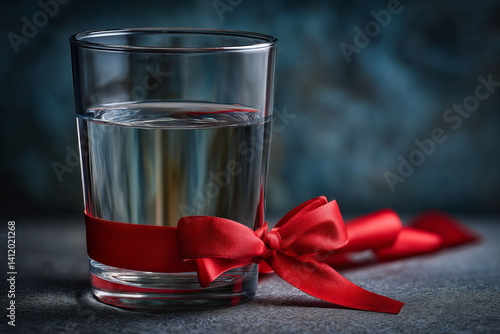 Clear Glass of Water with Silk Red Ribbon Bow on Dark Background for Elegant Decor