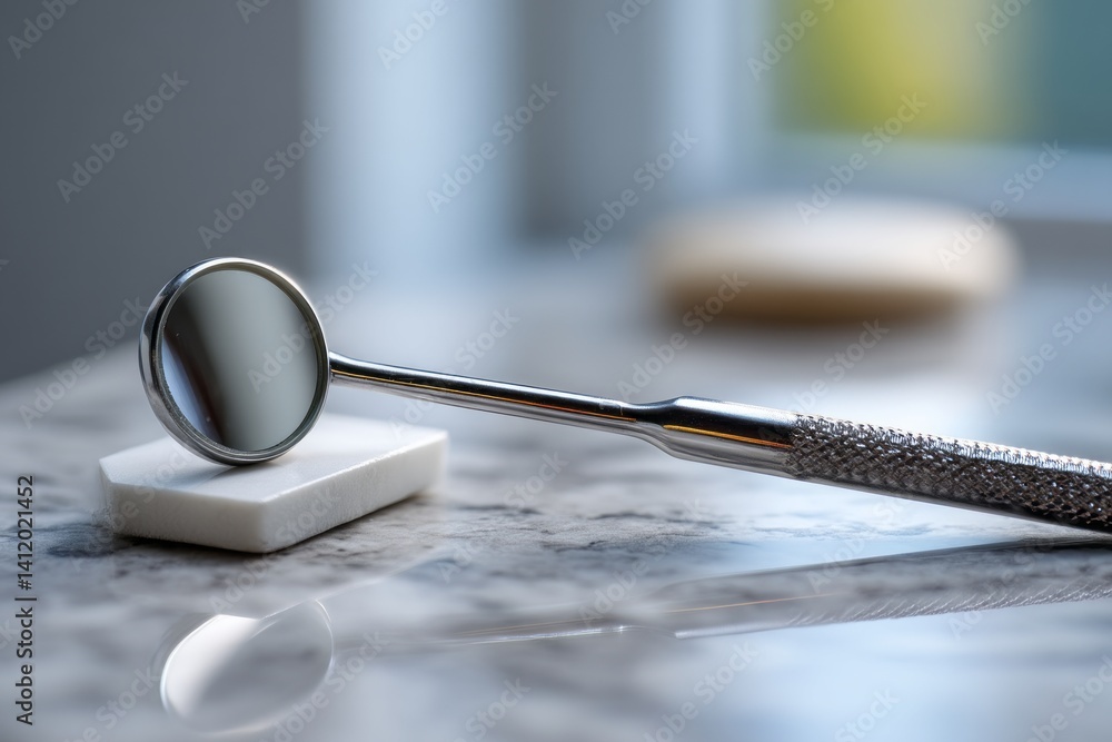 Dental Examination Tool on Marble Surface with Blurred Background and Reflections in Light