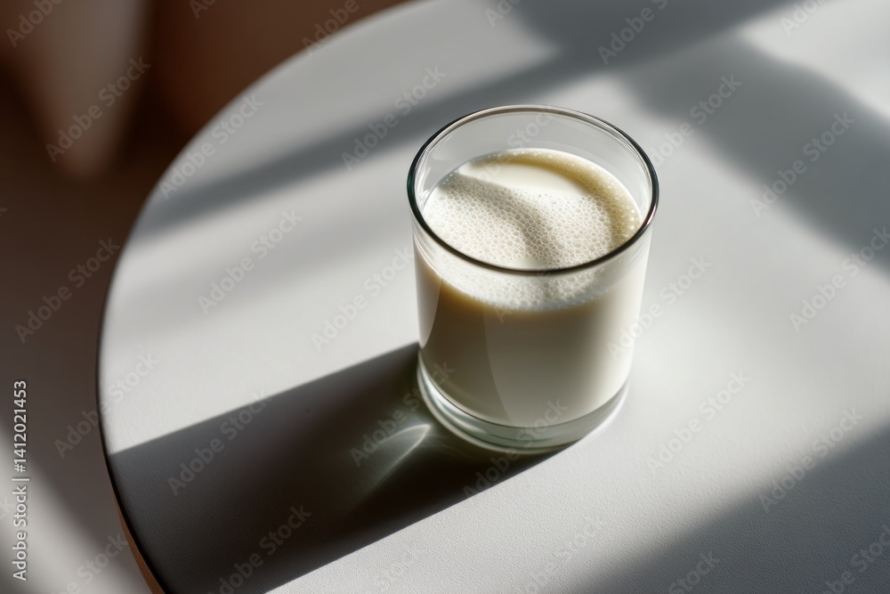 Fresh White Milk in a Clear Glass on a Round Table with Soft Shadows and Natural Light