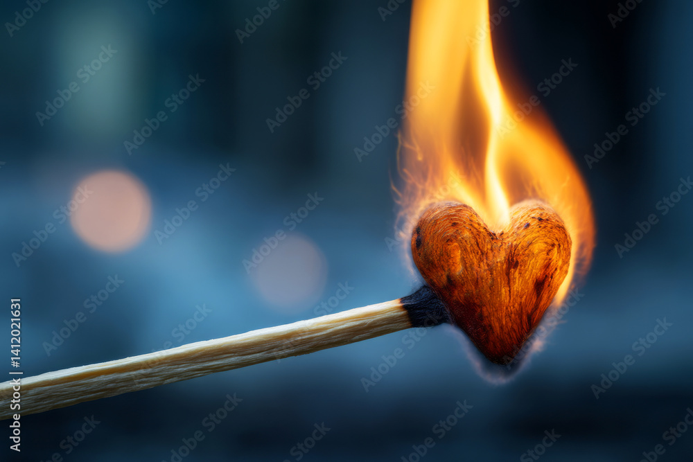 Heart-Shaped Matchstick Burning with Flames and Soft Background in Romantic Setting