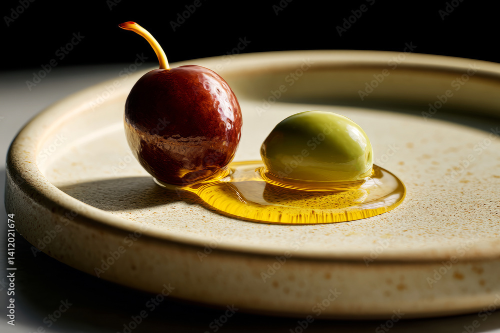 Fresh Olive and Cherry with Golden Oil on Earthy Plate in Natural Light Setting