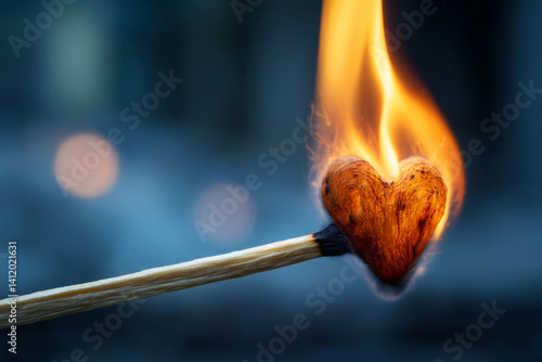 Obraz na płótnie Heart-Shaped Matchstick Burning with Flames and Soft Background in Romantic Setting w salonie