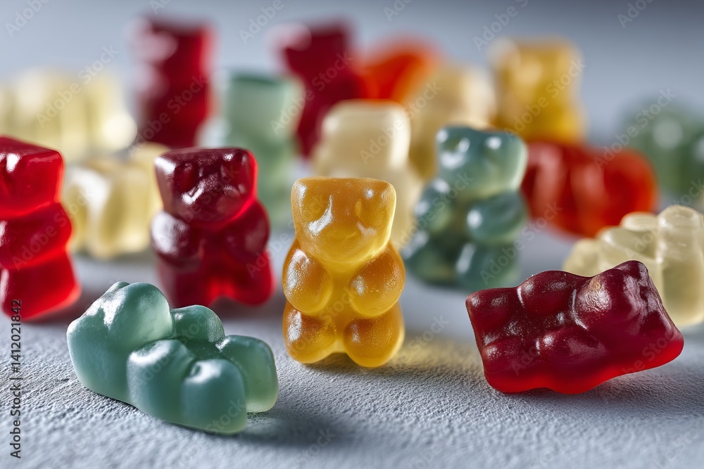 Colorful gummy bears scattered on a textured surface, close-up view of candy delight