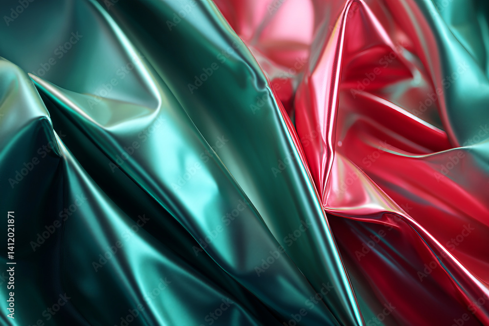 Vibrant Green and Red Satin Fabric Texture with Iridescent Light Play and Soft Drapes