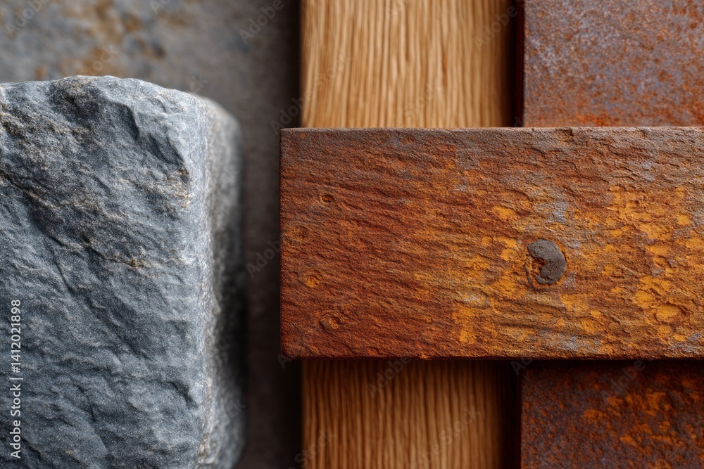 Textures of Nature and Industry Combined in Close-Up View of Stone and Weathered Wood