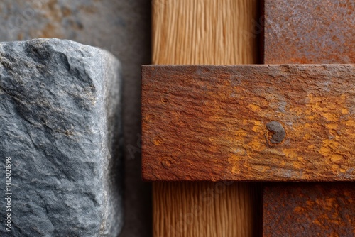 Obraz na płótnie Textures of Nature and Industry Combined in Close-Up View of Stone and Weathered Wood w salonie