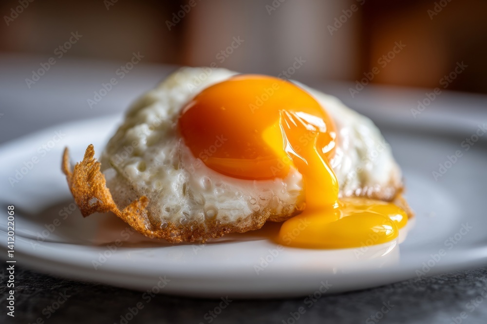 Perfectly Fried Egg with Runny Yellow Yolk on White Plate in Natural Light Setting