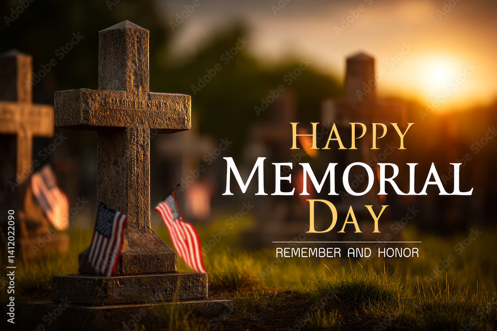 Memorial Day Tribute with Stones and Flags at Sunset in a Peaceful Cemetery Setting