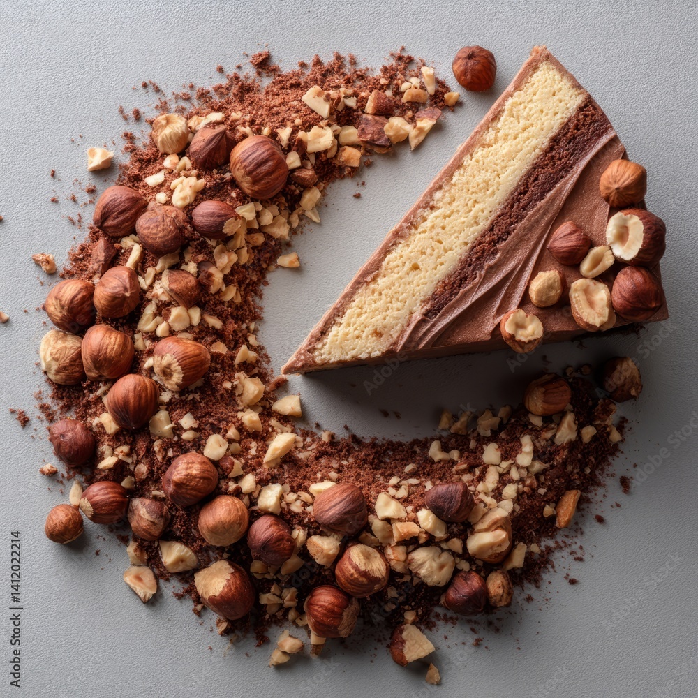 Chocolate Cake Slice Surrounded by Chopped Hazelnuts and Crushed Chocolate Crumbs
