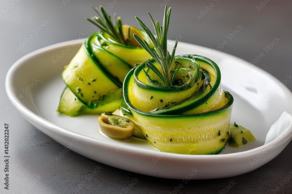 Elegant Presentation of Fresh Zucchini Spirals with Green Herbs and Olive Garnish