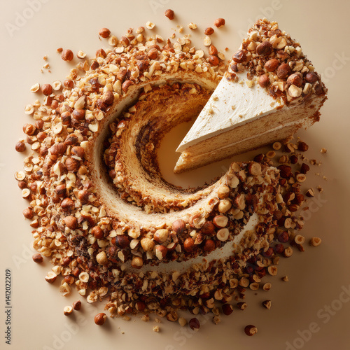 Obraz na płótnie Creamy Hazelnut Cake with Nut Topping and Slice Displayed on Neutral Background w salonie