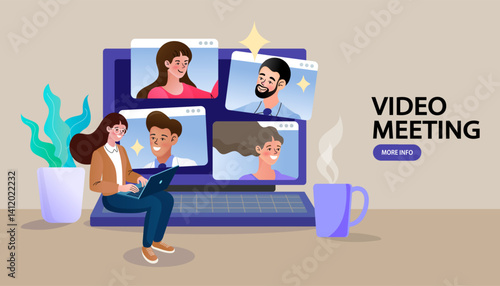 A woman on the floor attends a video meeting on her laptop with her virtual team, a vector illustration of online collaboration and remote work from home.
