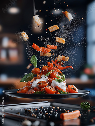 Deconstructed salad with tomatoes basil cheese and croutons suspended mid-air sprinkled with spices above a black plate.