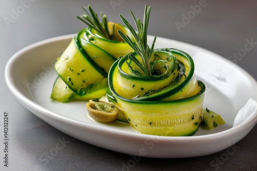 Obraz na płótnie Elegant Presentation of Fresh Zucchini Spirals with Green Herbs and Olive Garnish w salonie