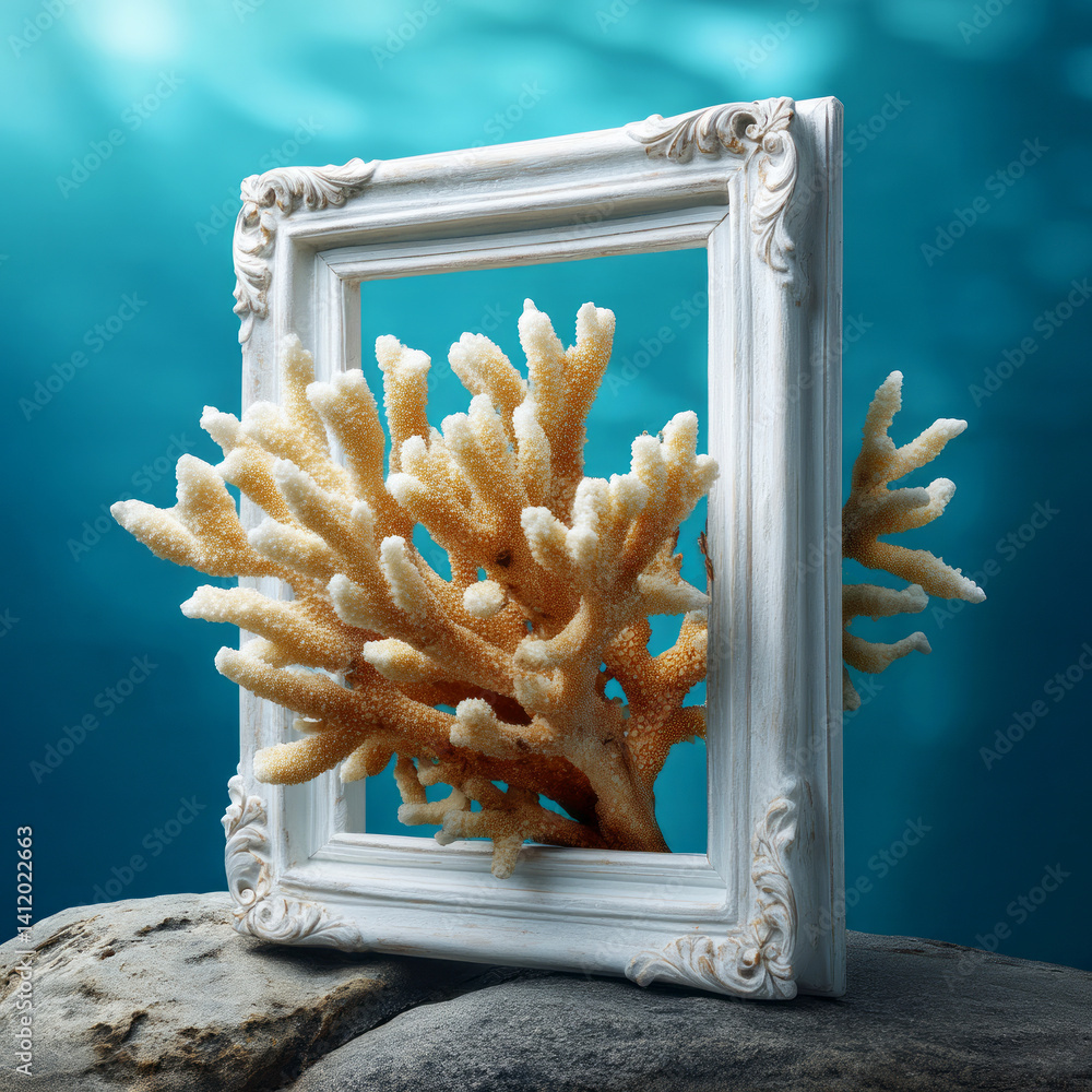 Coral Reef Framed in White Picture Frame Underwater Creative Art Concept for Marine Environment