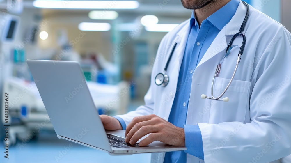 Doctor Working on Laptop in Hospital Environment with Medical Equipment Doctor Working on Laptop in Hospital Environment with Medical Equipment
