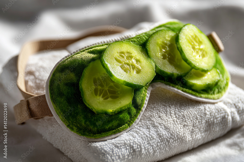 Refreshing Eye Mask with Cucumber Slices on Soft Towel for Relaxation and Skin Care