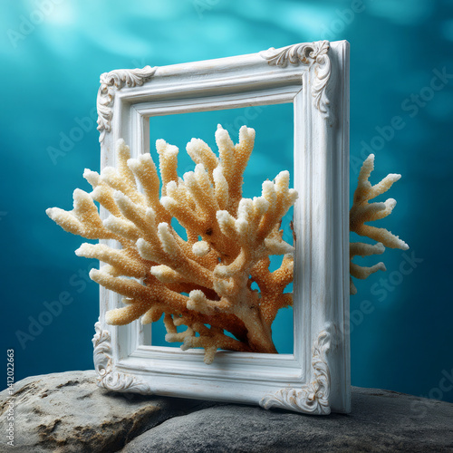 Obraz na płótnie Coral Reef Framed in White Picture Frame Underwater Creative Art Concept for Marine Environment w salonie